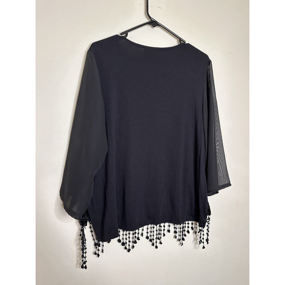 Chicos Top Womens 1 US Med. Black Burnout Velvet Fringe Trim Goth Witch Festival - Picture 8 of 8